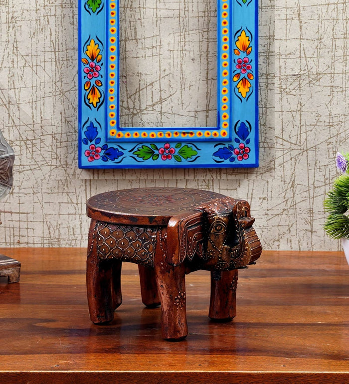 Wooden Mini Copper Elephant Chowki/Flower Pot Stand - Furniselan